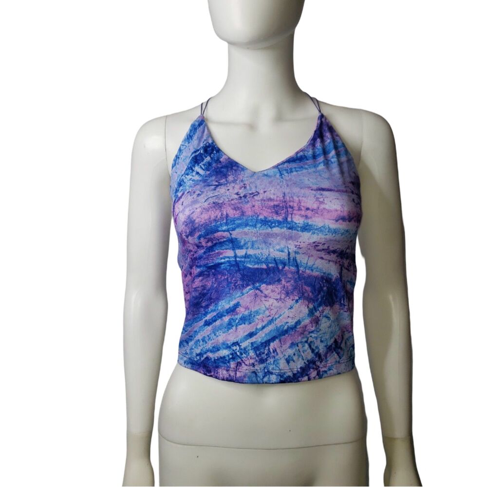 NECESSARY OBJECTS Blue and Purple Tie Dye Open Strappy Back Tank Top Size Medium